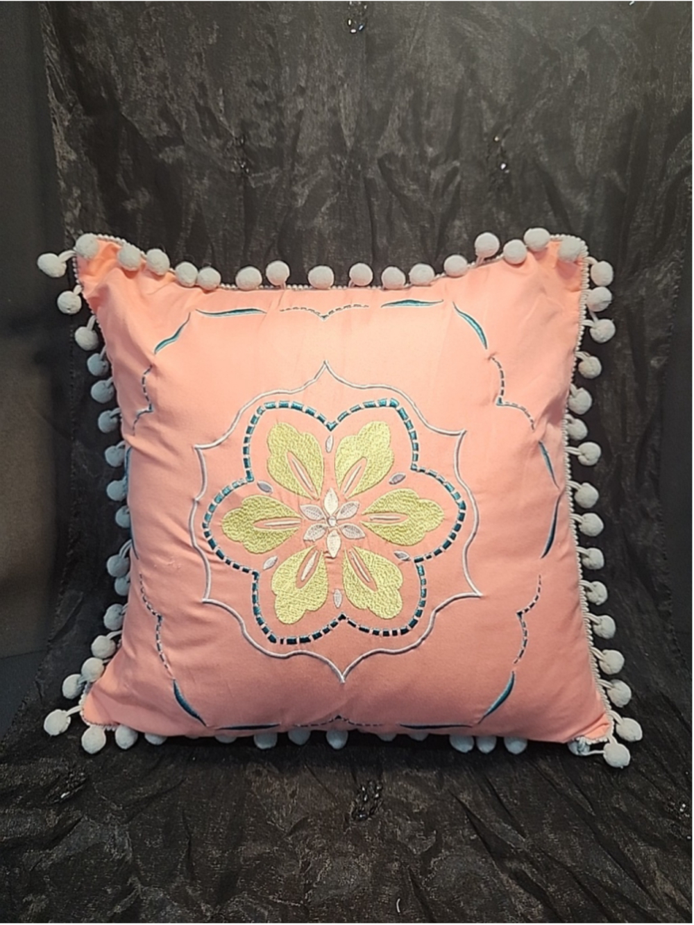 Bohemian Embroidered Coral Pillow, 15" X15", Excellent Condition